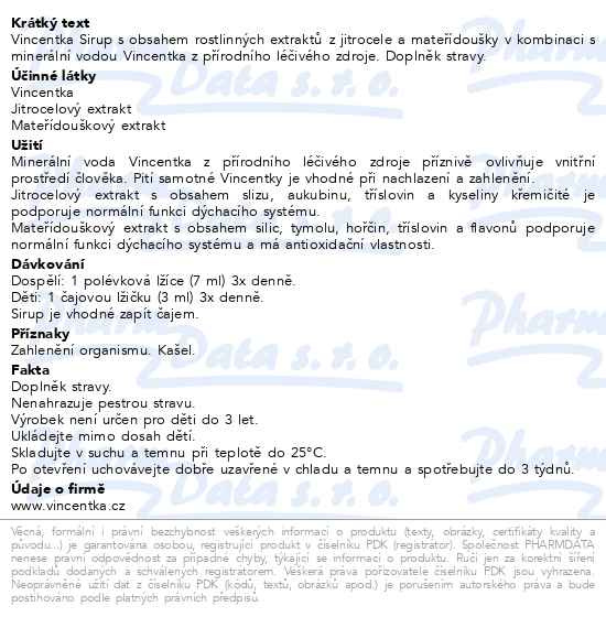 Příbalový leták - Vincentka Sirup s jitrocelem a mateřídouškou 200ml