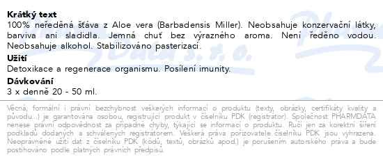 Příbalový leták - Allnature Aloe vera 100% šťáva BIO 500ml