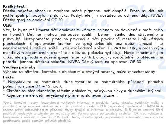 Příbalový leták - NIVEA SUN Dětský sprej na opalování Protect & Care SPF 30 270ml