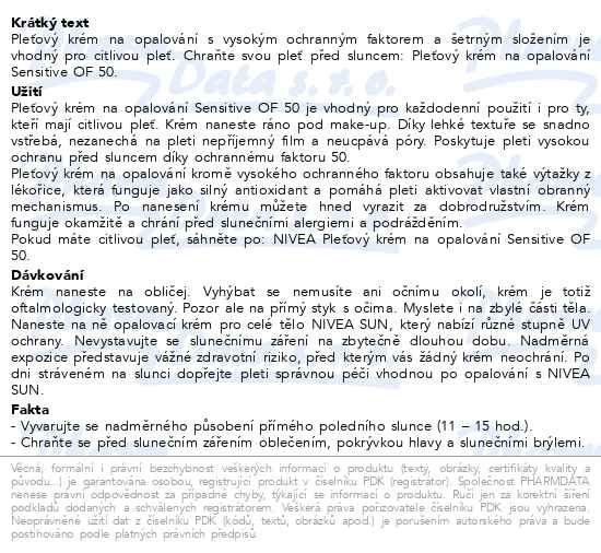 Příbalový leták - NIVEA Pleťový krém na opalování Sensitive SPF 50 50ml