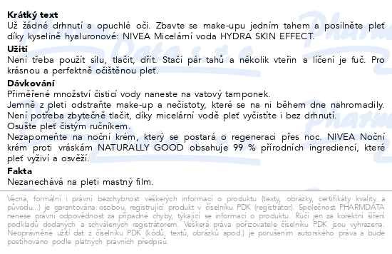 Příbalový leták - NIVEA Micelární voda Hydra Skin Effect 400ml