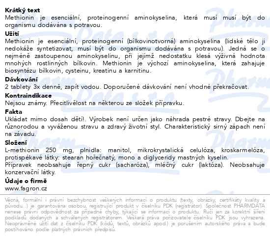 Příbalový leták - Methionin 250, 120 tablet Fagron