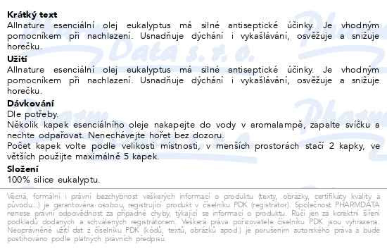 Příbalový leták - Allnature Esenciální olej Eukalyptus 10ml