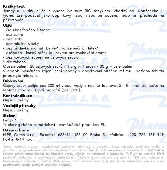 Příbalový leták - HiPP ČAJ BIO Fenyklový čaj 20x1.5g