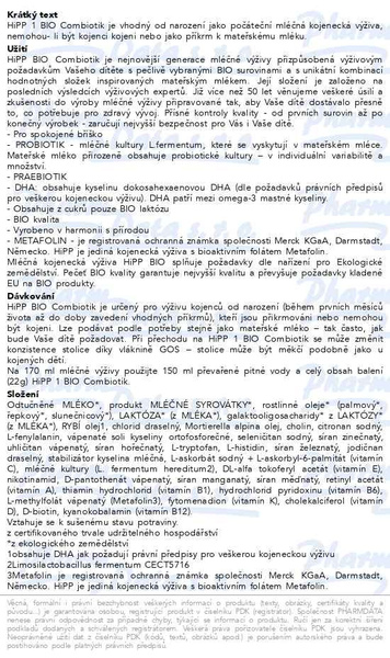 Příbalový leták - HiPP MLÉKO 1 BIO Combiotik vzorek 22g