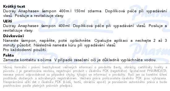 Příbalový leták - DUCRAY Anaphase šampon - vypadávání vlasů 400ml