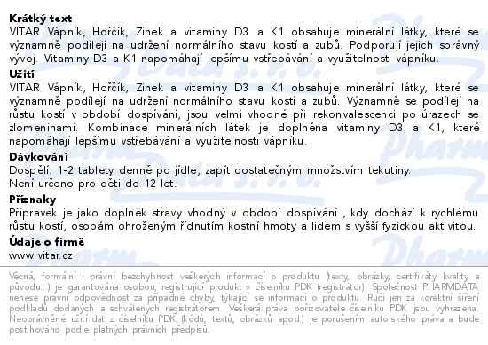 Příbalový leták - Vitar Vápník+hořčík+zinek+vit.D3+K1 tbl.100+50