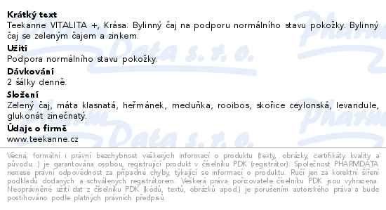 Příbalový leták - TEEKANNE Vitalita a Krása se zinkem, čaj 10x1.75g