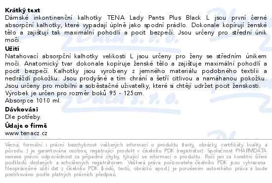Příbalový leták - TENA Lady Pants Plus Black L inkontinenční kalhotky 8ks