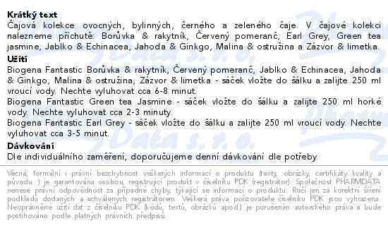 Příbalový leták - Čaj Biogena Fantastic Tea Maxi 8 druhů 64ks