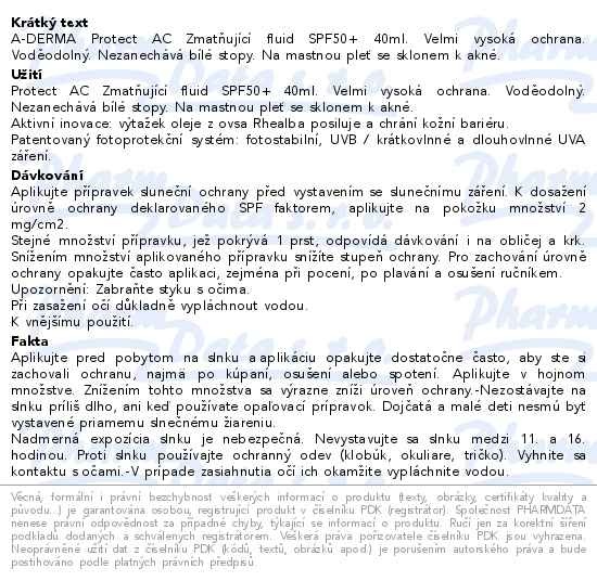 Příbalový leták - A-DERMA Protect AC Zmatňující fluid SPF50+ 40ml