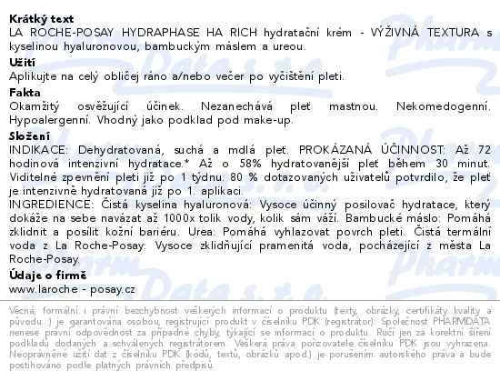 Příbalový leták - LA ROCHE-POSAY HYDRAPHASE HA výživná textura 40ml
