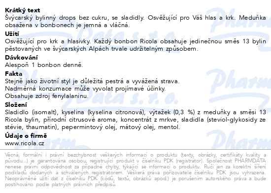 Příbalový leták - RICOLA Meduňka bez cukru 40g
