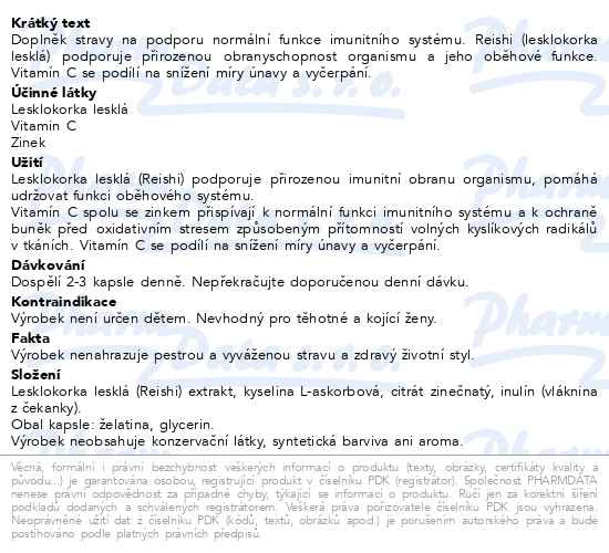 Příbalový leták - REISHI + Zinek a vitamín C 60 kapslí