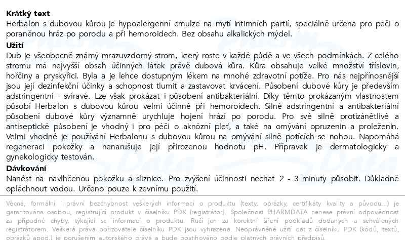 Příbalový leták - HERBALON s dubovou kůrou 200g