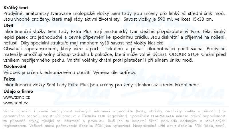 Příbalový leták - Seni Lady Extra Plus inkontinenční vložky 15ks