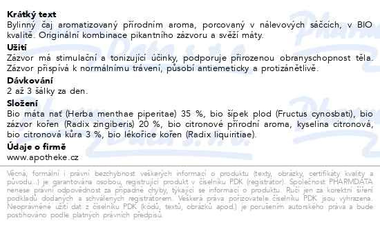 Příbalový leták - Apotheke BIO Zázvor s citronem a mátou čaj 20x1.5g
