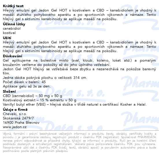 Příbalový leták - Jadon GEL HOT hřejivý gel s kostivalem a CBD 50g