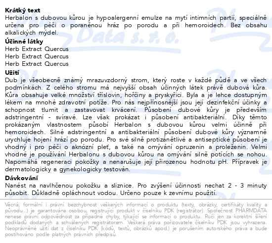Příbalový leták - HERBALON s dubovou kůrou 200g