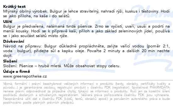 Příbalový leták - Green Apotheke Bulgur pšeničný medium 500g