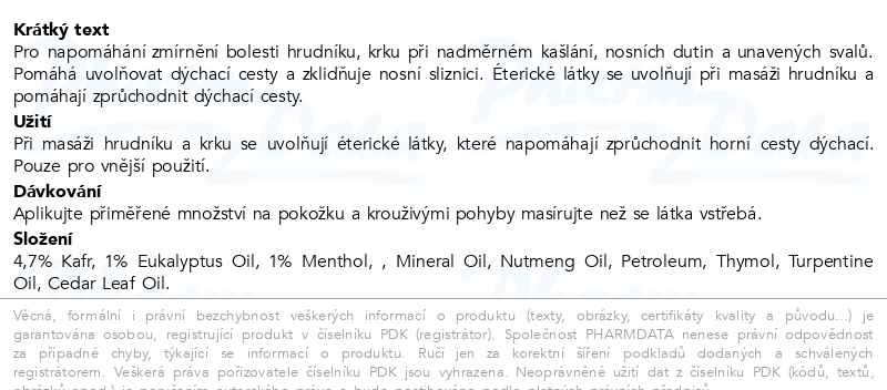 Příbalový leták - Vaporizing Rub Menthol Gel - prsní balzám 150ml