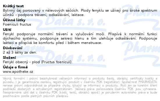 Příbalový leták - Apotheke Fenykl obecný čaj 20x2g