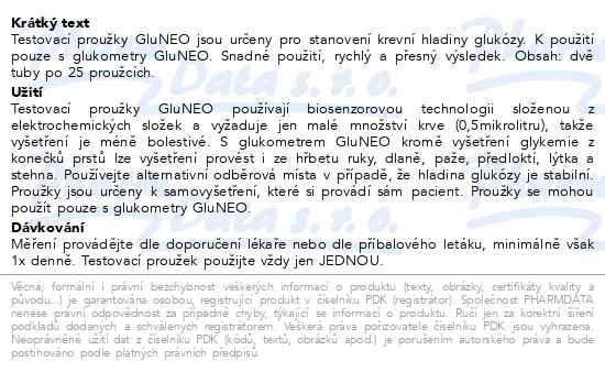 Příbalový leták - Proužky diagnostické Gluneo 50ks (2x25ks)