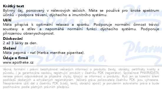 Příbalový leták - Apotheke Máta peprná čaj 20x1.5g