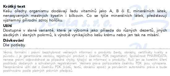 Příbalový leták - Allnature Kešu pražená solená 1000g