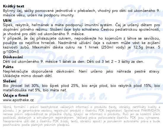 Příbalový leták - Dětský BIO Pohádkový čaj Imunita s jahodník.20x2g