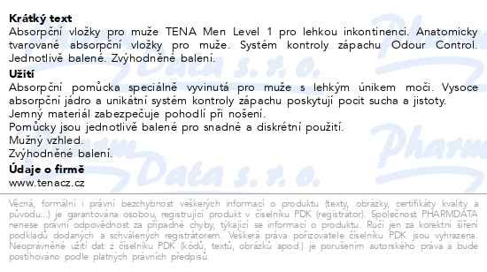 Příbalový leták - TENA Men Level 1 ink.vložky +50% navíc 36ks 750709