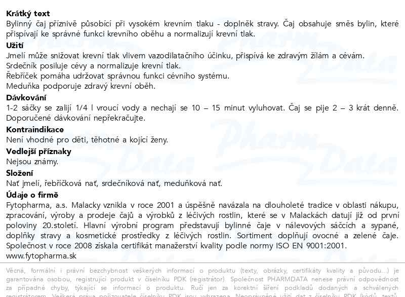 Příbalový leták - Bylinný čaj na vysoký tlak 20x1.25g Fytopharma