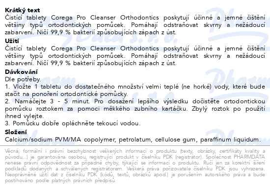 Příbalový leták - Corega Pro Cleanser Orthodontics čístící tablety na rovnátka a chrániče, 30ks