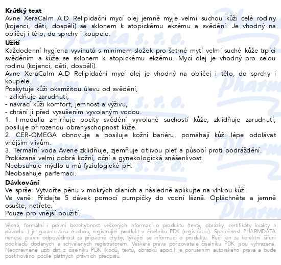 Příbalový leták - AVENE XeraCalm A.D Relipidační mycí olej 400ml