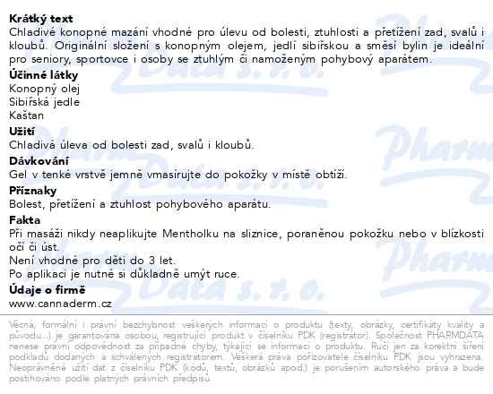 Příbalový leták - Cannaderm Mentholka chladivé konopné mazání 250 ml