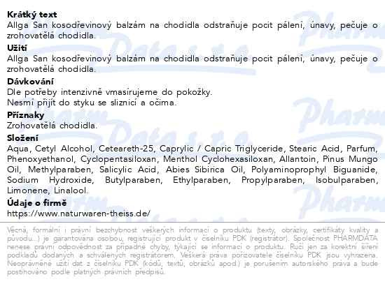 Příbalový leták - Allga San kosodřevinový balzám na chodidla 100ml