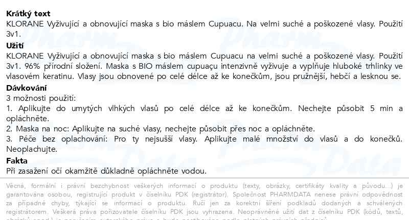 Příbalový leták - KLORANE Maska s BIO cupuaçu - obnova velmi suchých a poškozených vlasů 150 ml