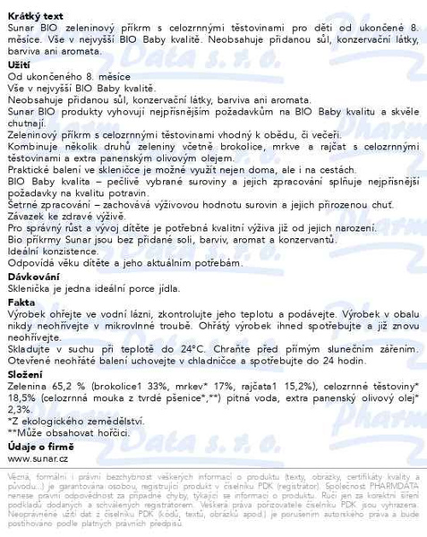 Příbalový leták - Sunar BIO příkrm zelenina těstoviny olivový olej 190g