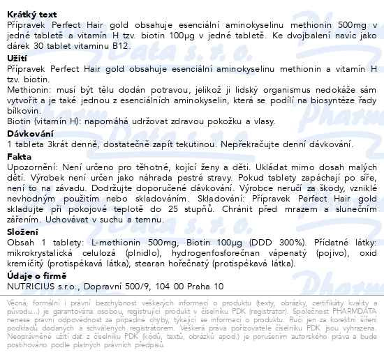 Příbalový leták - Perfect HAIR gold methionin 500 + biotin 100 tbl.180 + dárek