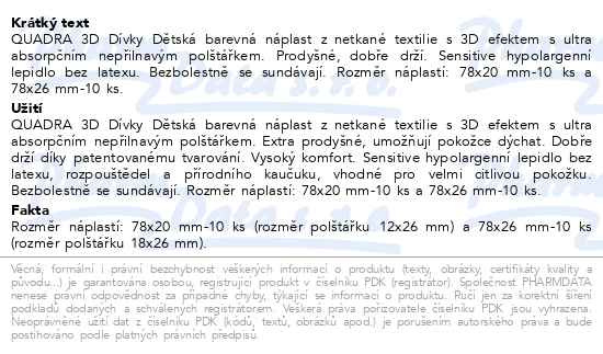 Příbalový leták - QUADRA 3D Dívky Dětská barevná náplast 20ks 2 vel.