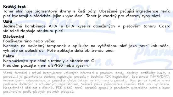 Příbalový leták - COSRX AHA/BHA čistící pleťový toner 150ml