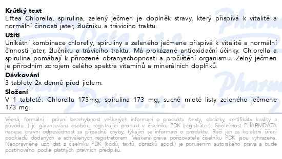 Příbalový leták - LIFTEA Chlorella/Spirulina/Zelený ječmen tbl.250