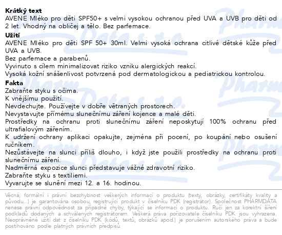 Příbalový leták - AVENE Sun Mléko pro děti SPF50 + 250ml