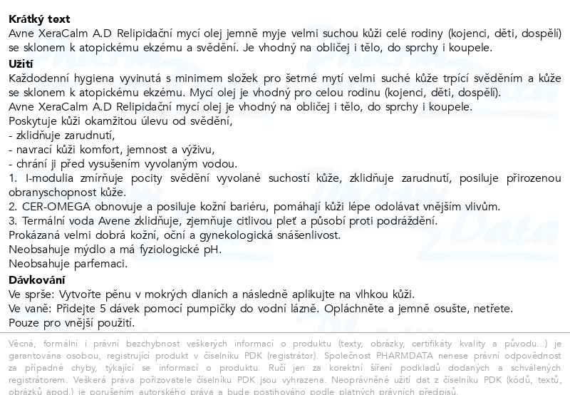Příbalový leták - AVENE XeraCalm A.D Relipidační mycí olej 100ml