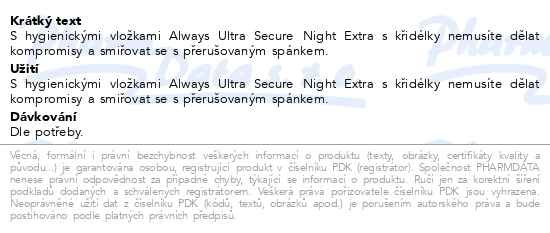 Příbalový leták - Always Ultra Secure Night Extra vložky velikost 5, 20ks