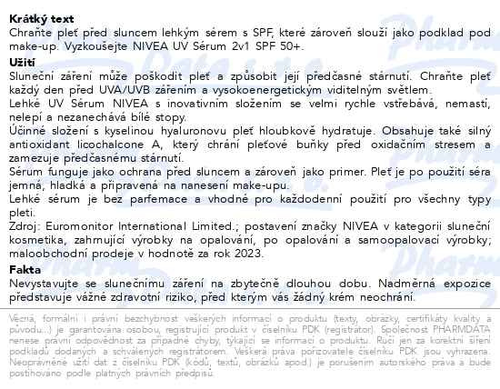 Příbalový leták - NIVEA SUN UV Sérum Primer 2v1 SPF 50+ 30ml