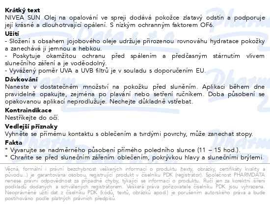 Příbalový leták - NIVEA SUN Olej na opalování ve spreji Tropical Bronze SPF 6 200ml