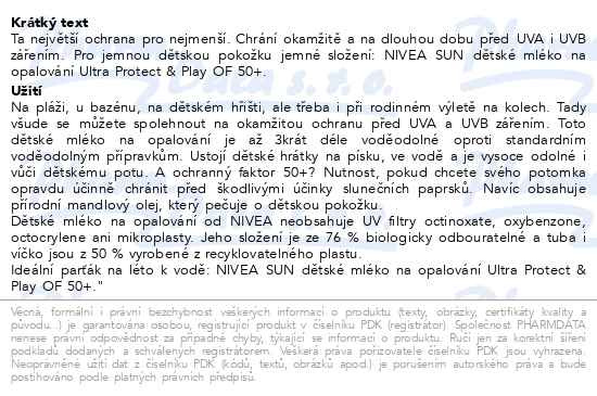 Příbalový leták - NIVEA SUN Dětské mléko na opalování Ultra Protect & Care SPF 50+ 150ml
