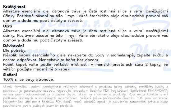 Příbalový leták - Allnature Esenciální olej Citronová tráva 10ml