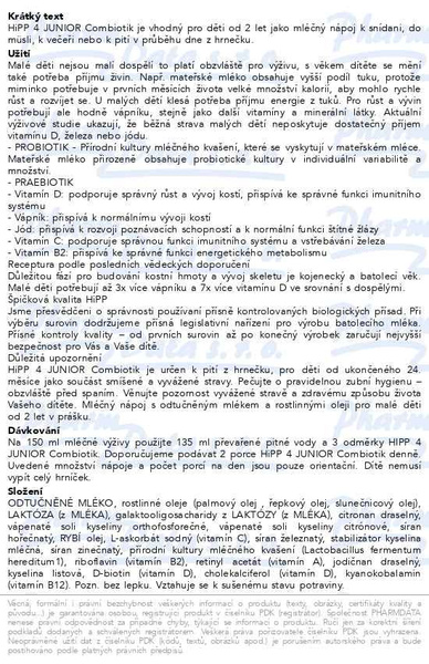 Příbalový leták - HiPP 4 Junior Combiotik mléčná výživa 2+r 500g